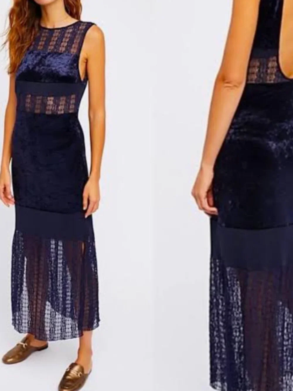 Free People Keep In Line Velvet Lace Column Maxi Dress Midnight Blue Small S